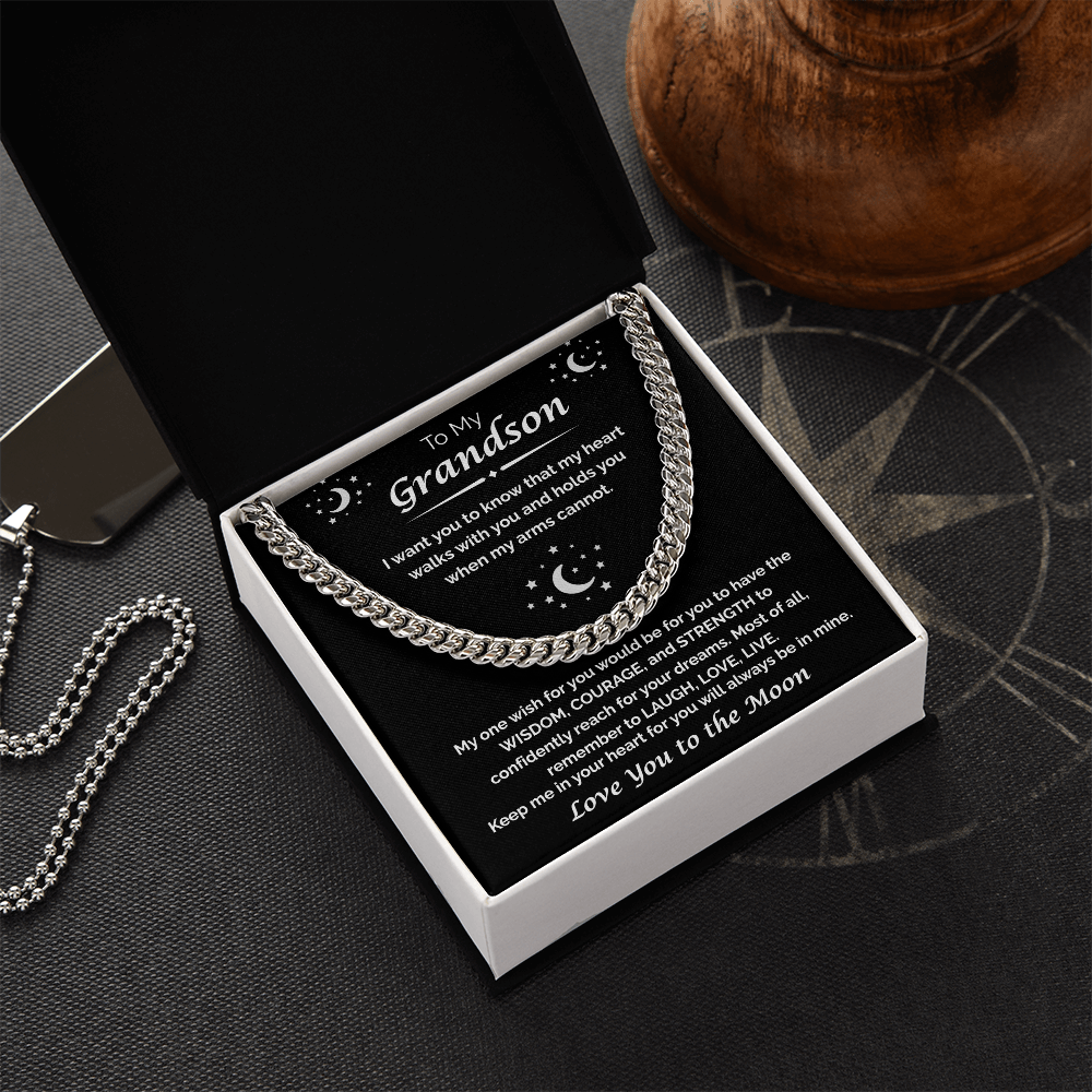 To My Grandson — My Heart Walks With You, Cuban Chain Necklace