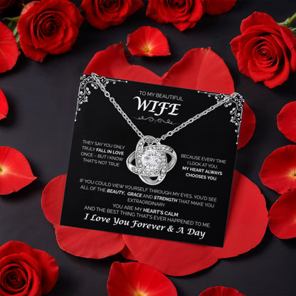 To My Beautiful Wife - My Heart Always Chooses You, Rotating Rose with Love Knot Necklace