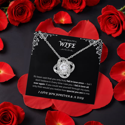 To My Beautiful Wife  — Love You All Over Again, Rotating Rose with Love Knot Necklace