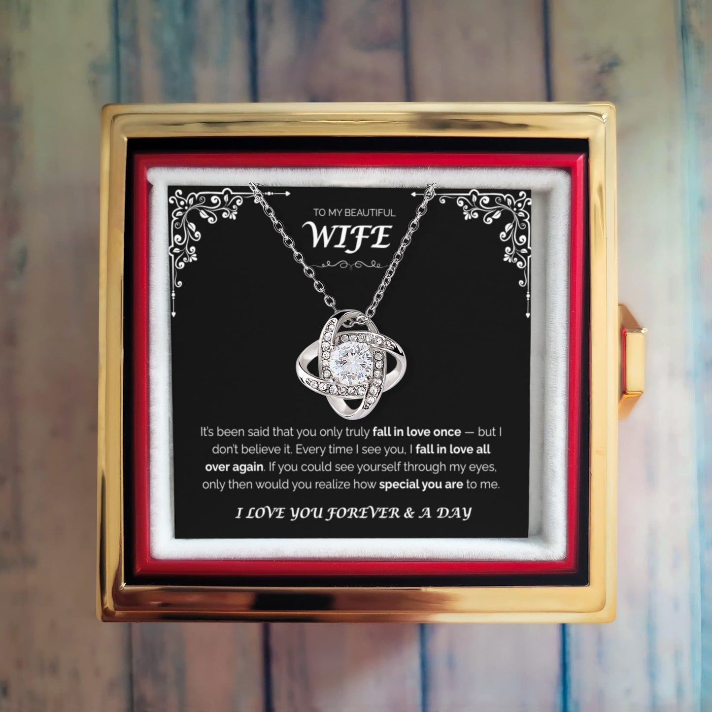 To My Beautiful Wife  — Love You All Over Again, Rotating Rose with Love Knot Necklace