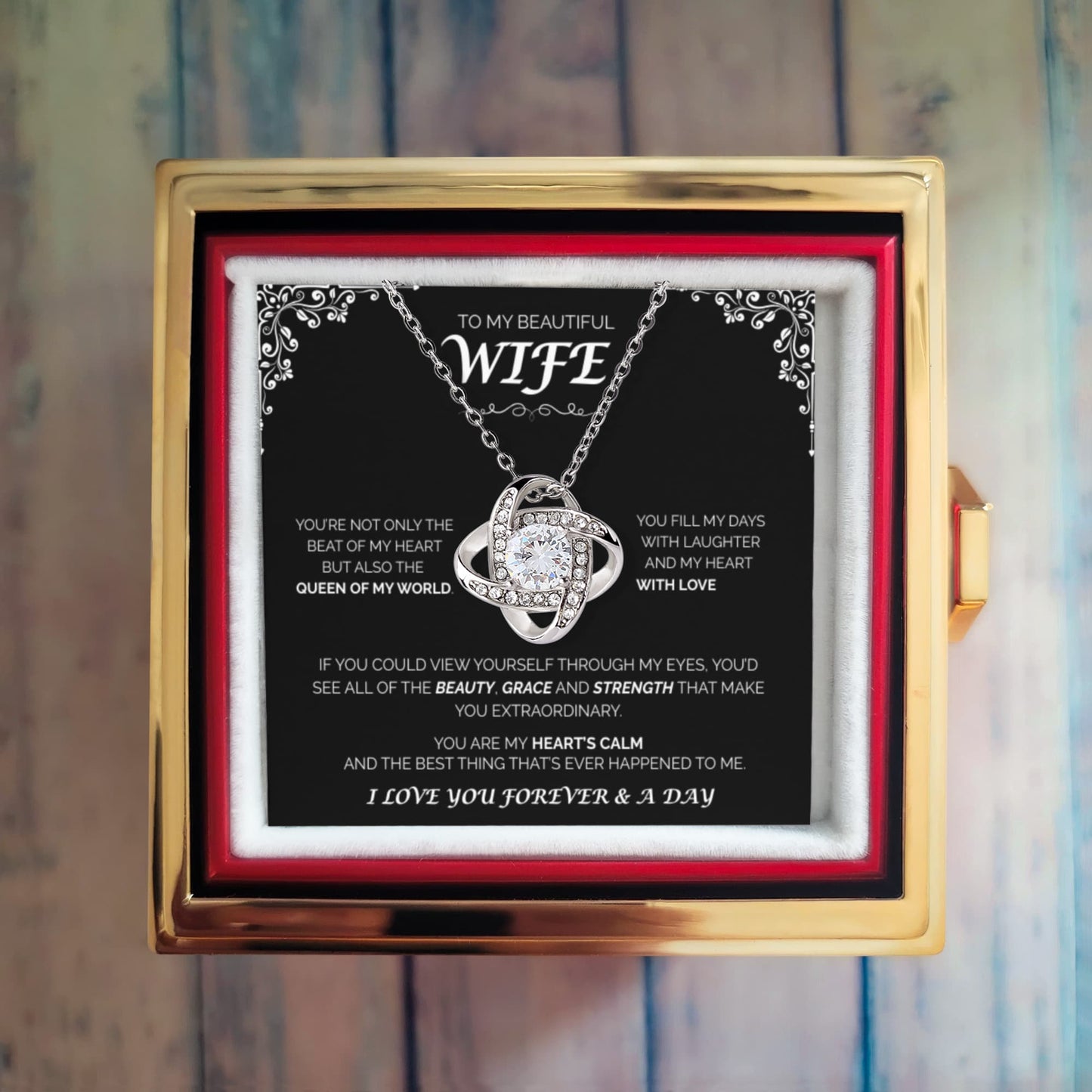 To My Beutiful WIfe - Queen of My World, Rotating Rose with Love Knot Necklace