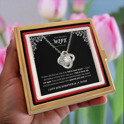 To My Beautiful Wife  — Love You All Over Again, Rotating Rose with Love Knot Necklace