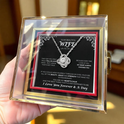 To My Beautiful Wife - My Heart Always Chooses You, Rotating Rose with Love Knot Necklace