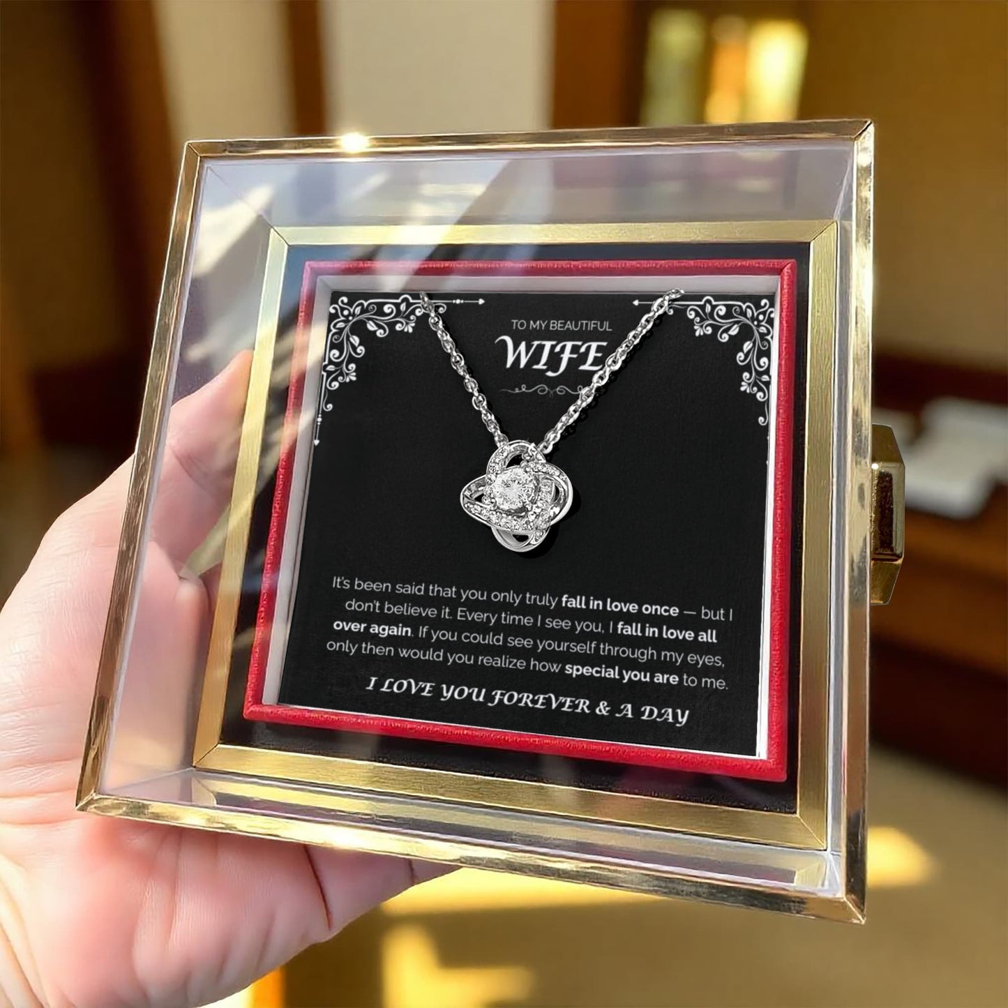 To My Beautiful Wife  — Love You All Over Again, Rotating Rose with Love Knot Necklace