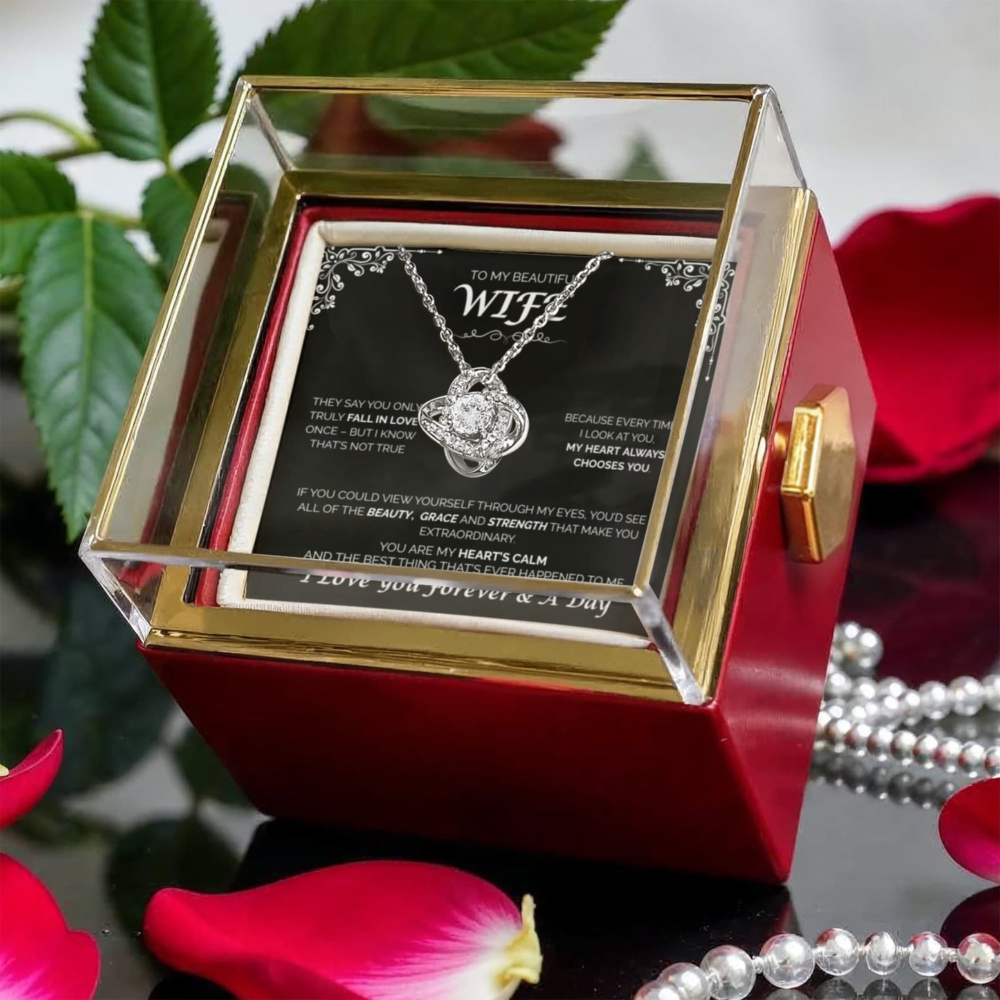 To My Beautiful Wife - My Heart Always Chooses You, Rotating Rose with Love Knot Necklace