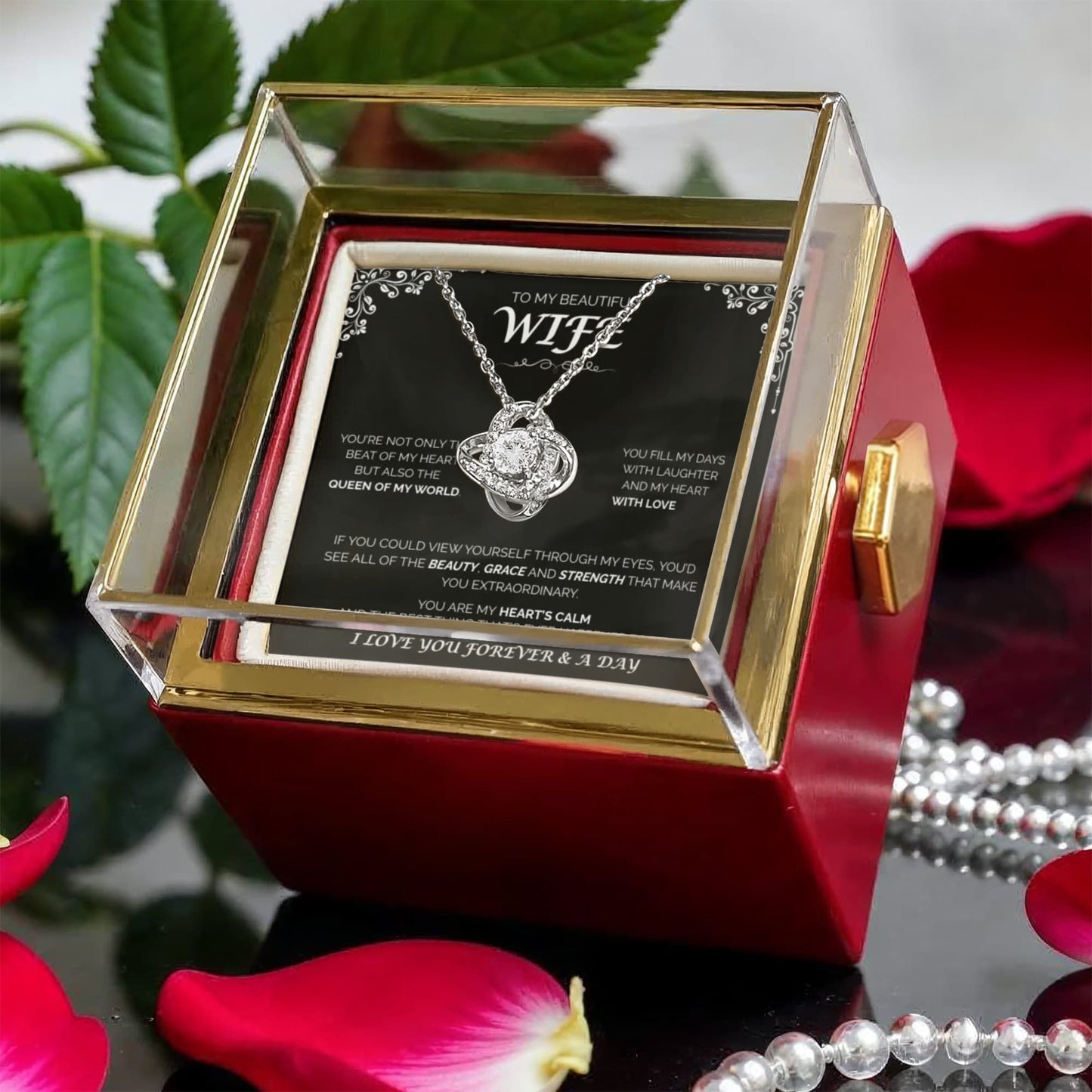 To My Beutiful WIfe - Queen of My World, Rotating Rose with Love Knot Necklace