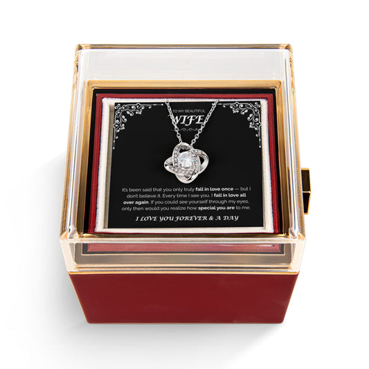 To My Beautiful Wife  — Love You All Over Again, Rotating Rose with Love Knot Necklace