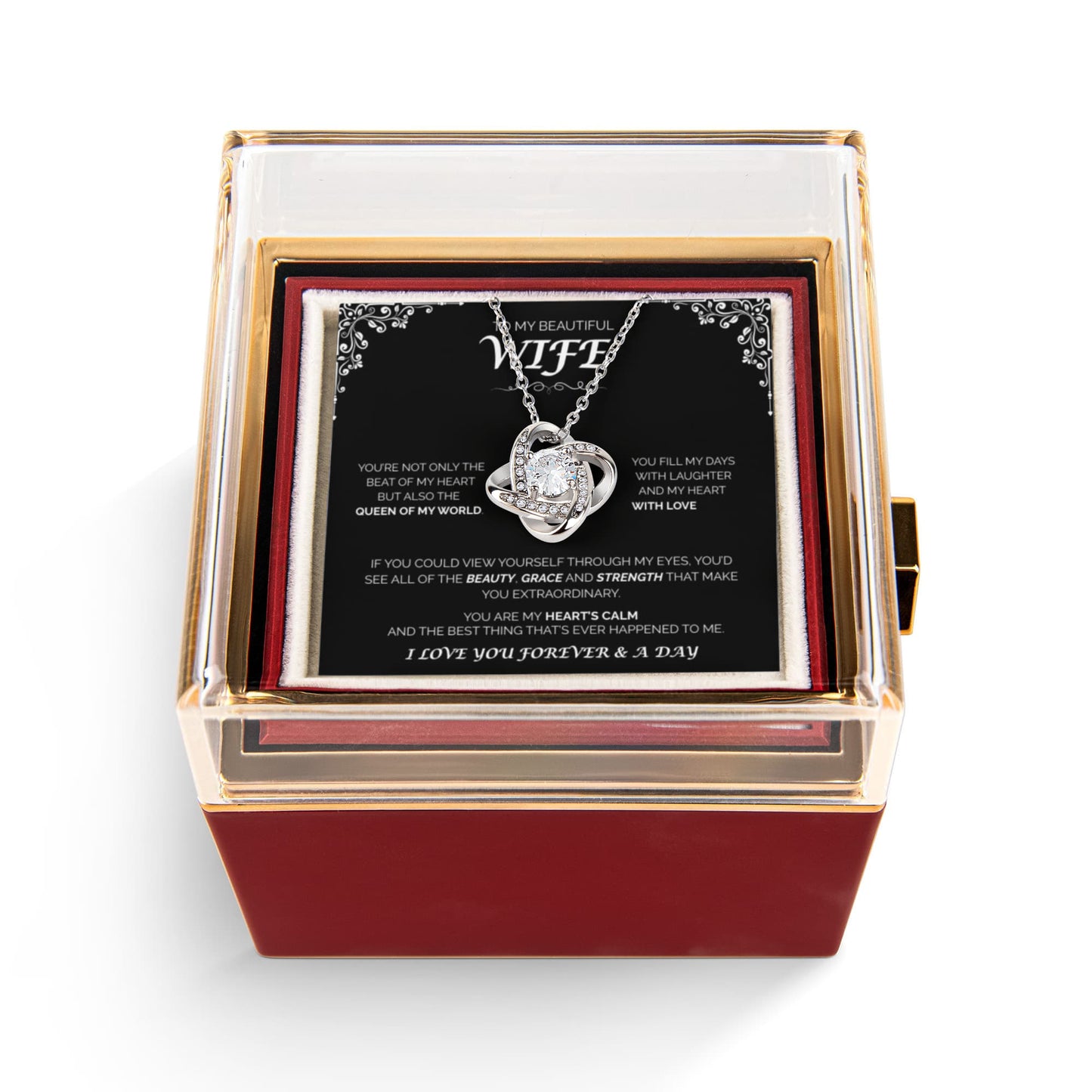 To My Beutiful WIfe - Queen of My World, Rotating Rose with Love Knot Necklace