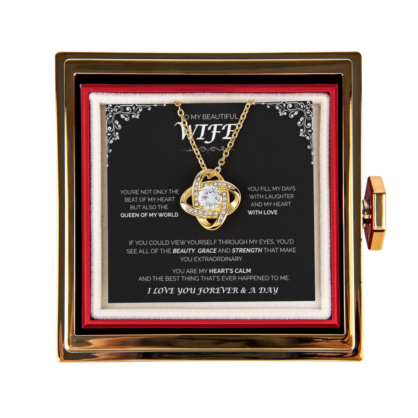 To My Beutiful WIfe - Queen of My World, Rotating Rose with Love Knot Necklace